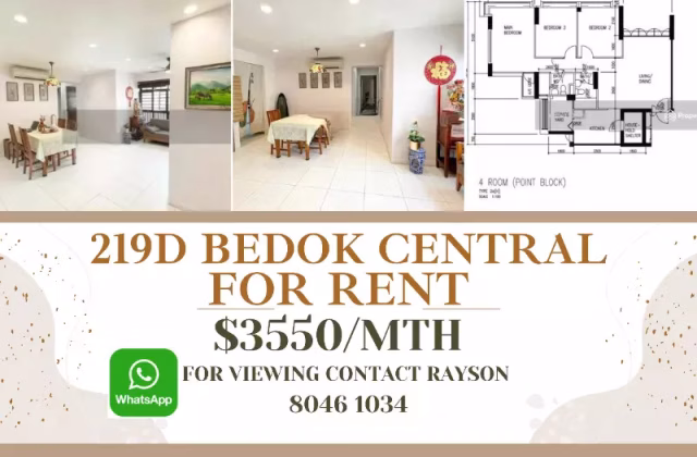 House Rent • Bukit Timah • 219D Bedok Central • S$3550 • 3-Room (2 BR) • 1044ft² / 96m²