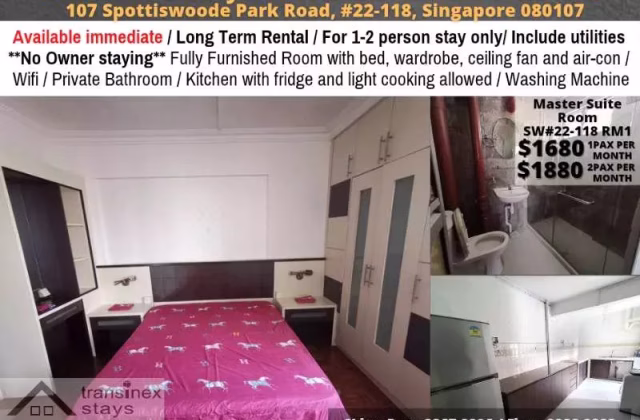 Room Rent • Clementi • 107 Spottiswoode Park Road • S$1680 • 3-Room (2 BR) • Master Room